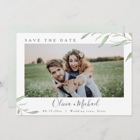 Invitation Mariage photo vert minimal enregistrer la date (Devant / Derrière)