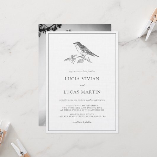 Invitation Mariage photo vintage Bird noir et blanc (Devant/Arrière en situation)