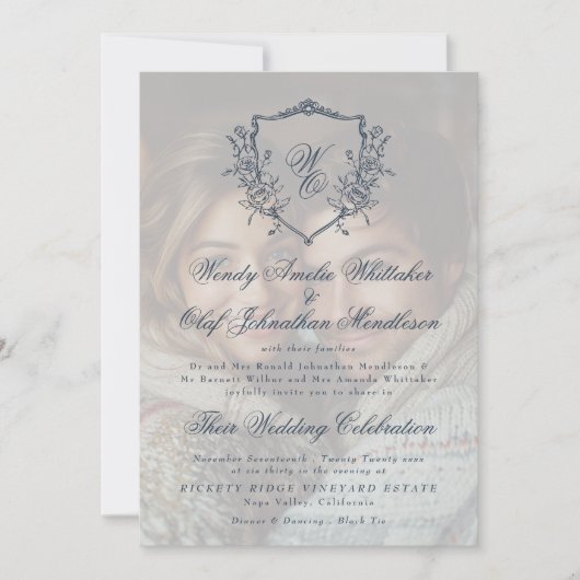 Invitation Mariage photo vintage Crest Cream & Navy Overlay (Devant)