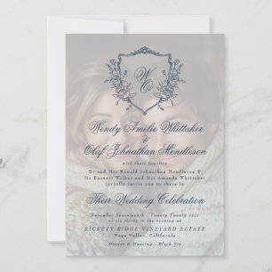 Invitation Mariage photo vintage Crest Cream & Navy Overlay