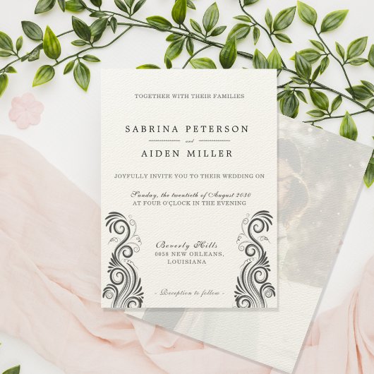 Invitation Mariage photo vintage Flourish Black Monogramme