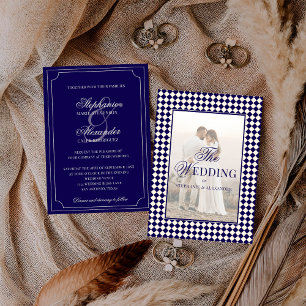 Invitation Mariage Photo Vintage Navy Carreaux Vieille Fortun