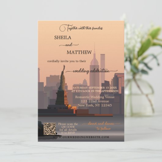 Invitation Mariage photo Whimsical Terra Cotta New York QR (Debout devant)