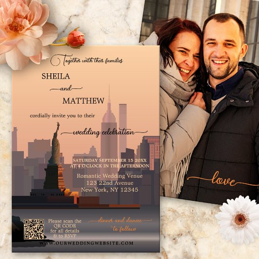 Invitation Mariage photo Whimsical Terra Cotta New York QR