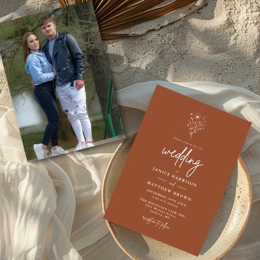 Invitation Mariage Photographique Botanique Orange Brûlé Rust