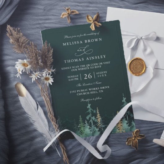 Invitation Mariage PINE Vert Émeraude et Or Code QR