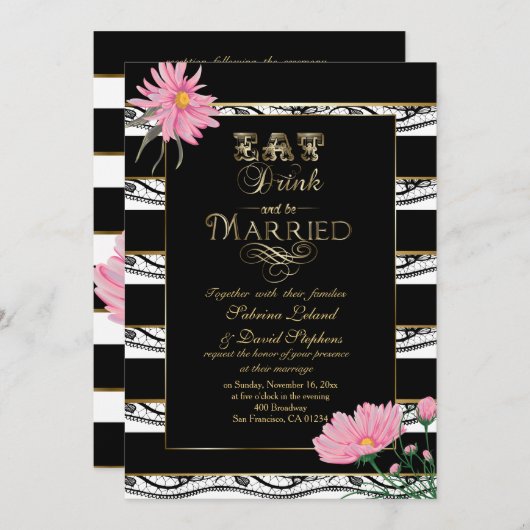 Invitation Mariage Pink Mums Black Lace White Stripes (Devant / Derrière)