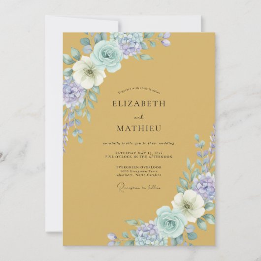 Invitation Mariage Pivoine Bleuet Ocre (Devant)