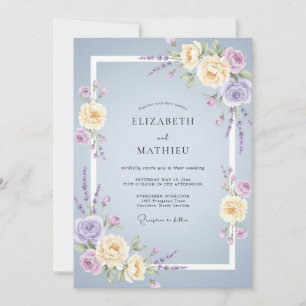 Invitation Mariage Pivoine Crème Ivoire Pervenche