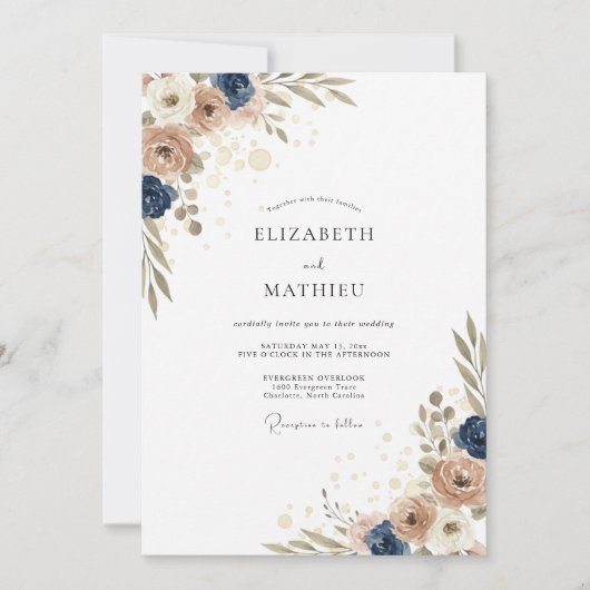 Invitation Mariage Pivoine Indigo Sable (Devant)