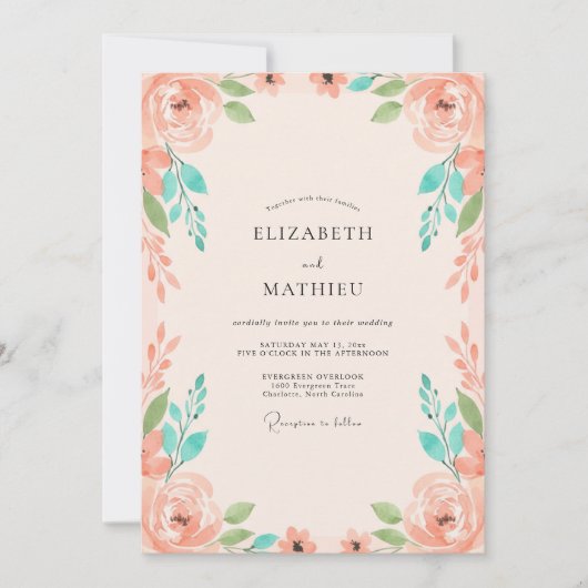 Invitation Mariage Pivoine Menthe Corail (Devant)