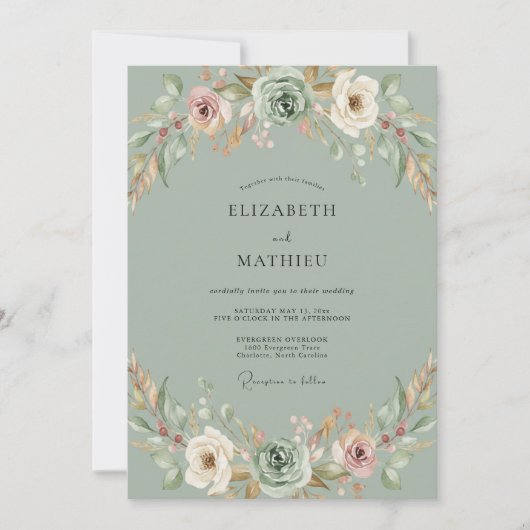 Invitation Mariage Pivoine Pêche Céladon (Devant)