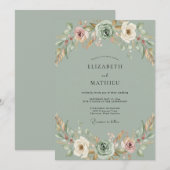 Invitation Mariage Pivoine Pêche Céladon (Devant / Derrière)