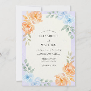 Invitation Mariage Pivoine Pêche Pérywinkle