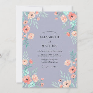 Invitation Mariage Pivoine Pêche Teintée de Pervenche