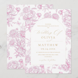 Invitation Mariage Pivoine Toile de Jouy Rose Poussiéreux