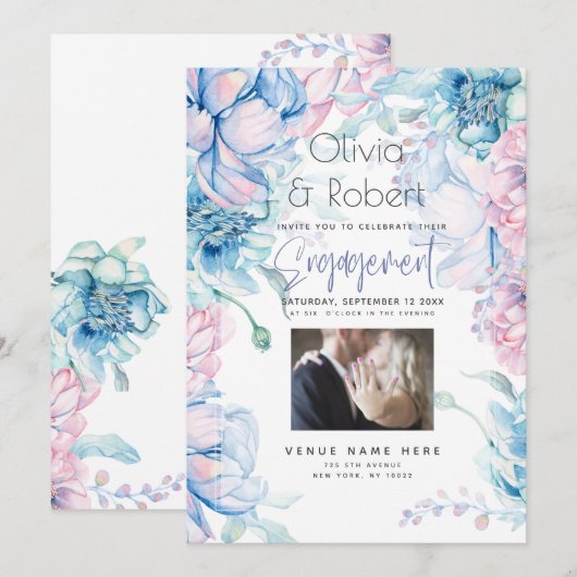 Invitation Mariage | Pivoines Bleu Ciel et Rose Bubble (Devant / Derrière)