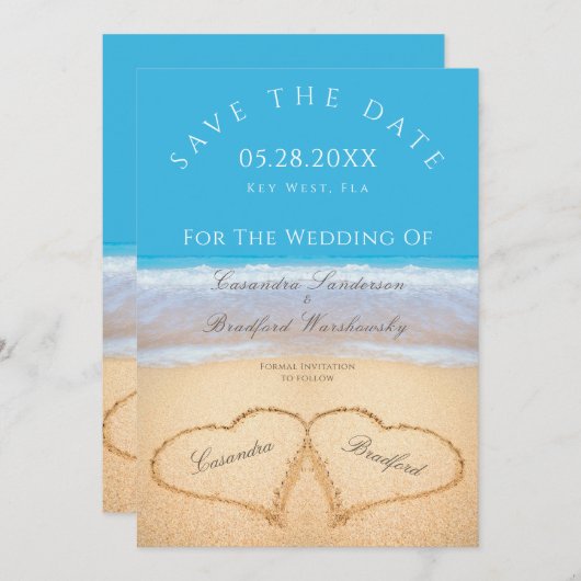 Invitation Mariage plage 2 Coeurs dans le mariage de sable (Devant / Derrière)