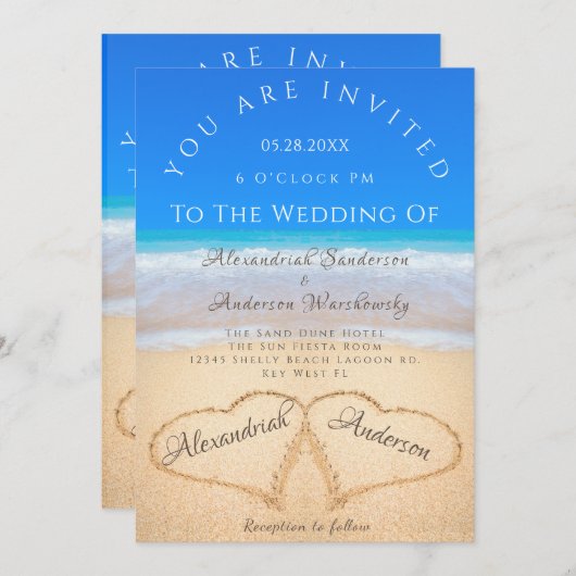 Invitation Mariage plage 2 Coeurs dans le Mariage de sable (Devant / Derrière)