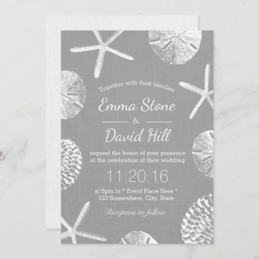 Invitation Mariage Plage Coquillages Rustiques Lin Argent (Devant / Derrière)