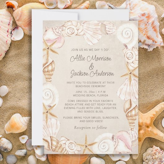 Invitation Mariage Plage Coquillages Sable Bord de Mer