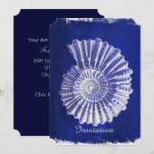 Invitation mariage plage côtière coquille conque bleue (Devant / Derrière)