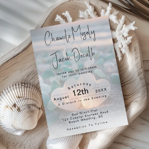 Invitation Mariage Plage de Verre de Mer Bleu Aqua Cœurs Roma