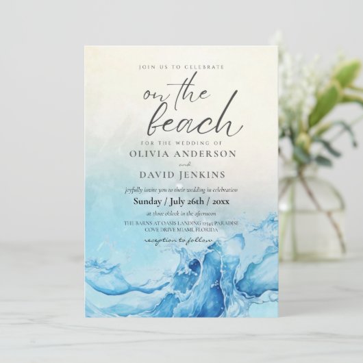 Invitation Mariage plage Mariage bleu été (Debout devant)