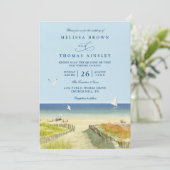 Invitation Mariage Plage Mer Tropical Sable Élégant Code QR (Debout devant)