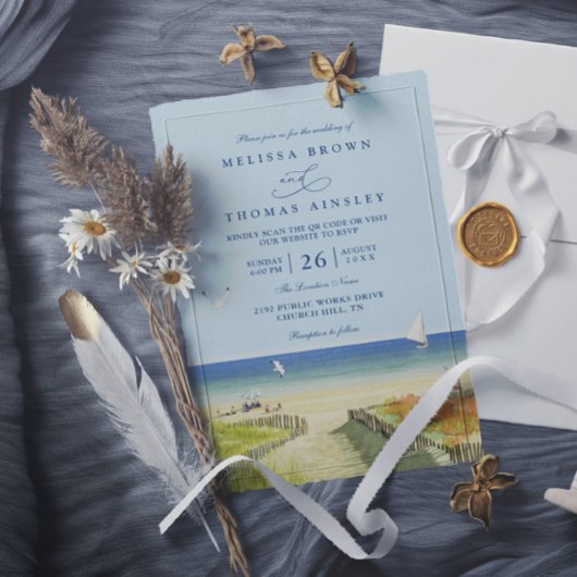 Invitation Mariage Plage Mer Tropical Sable Élégant Code QR