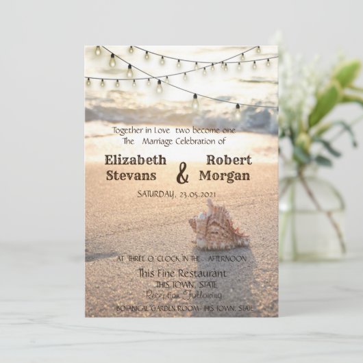 Invitation Mariage plage, Sable, Éclairage à cordes Coquillag (Debout devant)