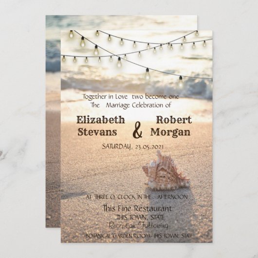Invitation Mariage plage, Sable, Éclairage à cordes Coquillag (Devant / Derrière)