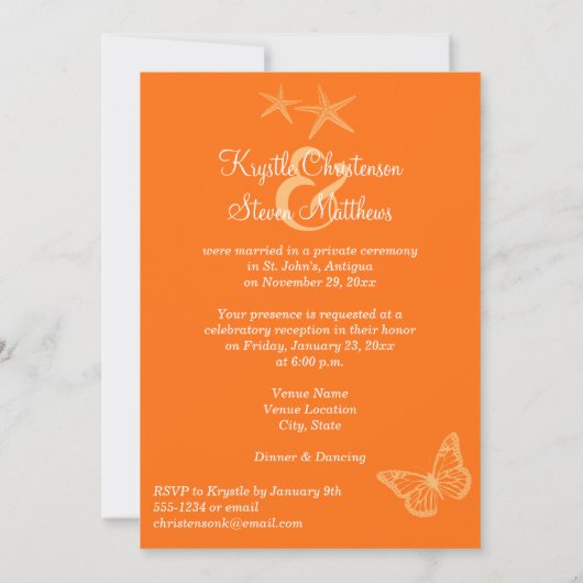 Invitation Mariage plage | Sable, Orange, Blanc | Fleurs (Dos)