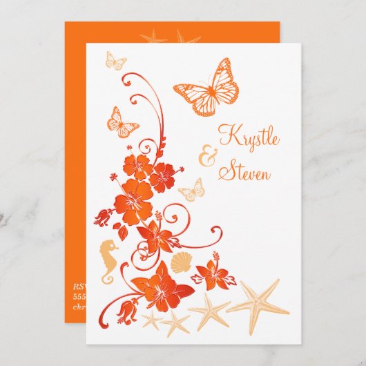 Invitation Mariage plage | Sable, Orange, Blanc | Fleurs (Devant / Derrière)