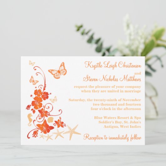 Invitation Mariage plage | Sable, Orange, Blanc | Fleurs (Debout devant)