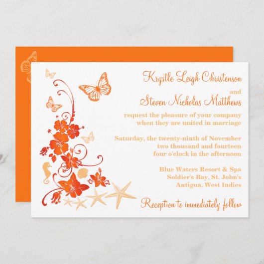 Invitation Mariage plage | Sable, Orange, Blanc | Fleurs (Devant / Derrière)