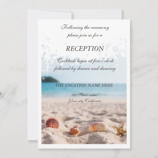 Invitation Mariage plage, Sable, Réception Coquillages (Devant)