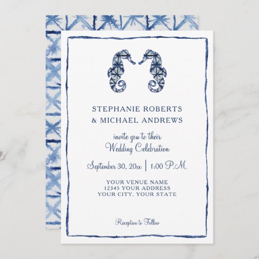 Invitation Mariage plage Shibori Indigo Aquarelle Seahorse (Devant / Derrière)