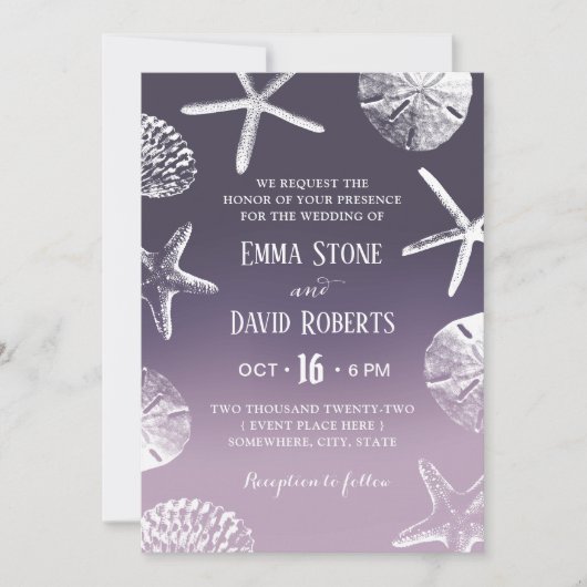 Invitation Mariage plage Starfish Seashell Dusty Purple Ombre (Devant)