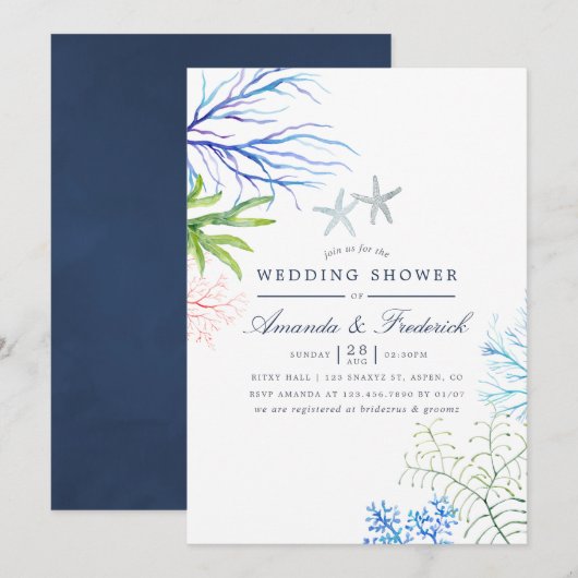 Invitation Mariage Plage Thème Algues Aquarelle (Devant / Derrière)