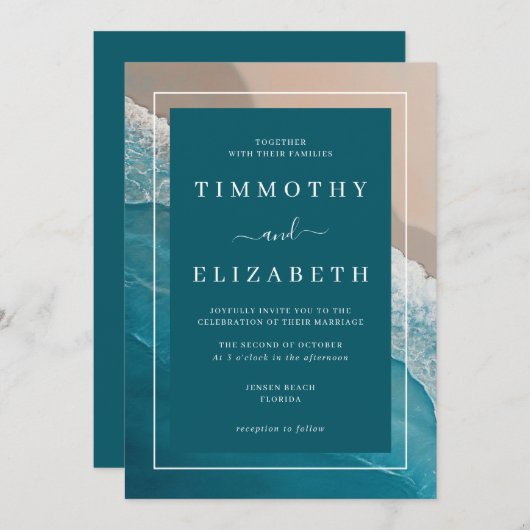 Invitation Mariage plage Turquoise Blue Ocean Sand Mariage (Devant / Derrière)