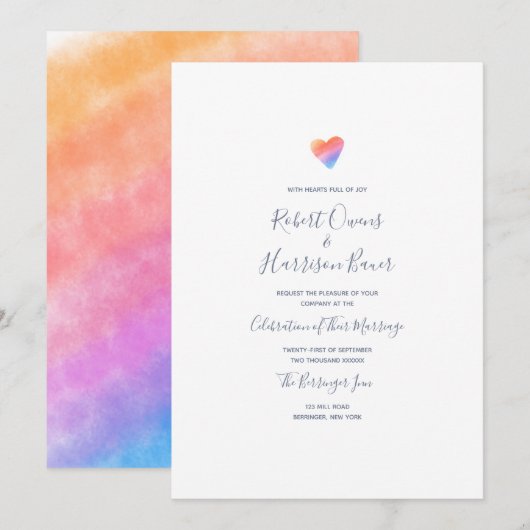 Invitation Mariage plein de joie dans le coeur arc-en-ciel (Devant / Derrière)