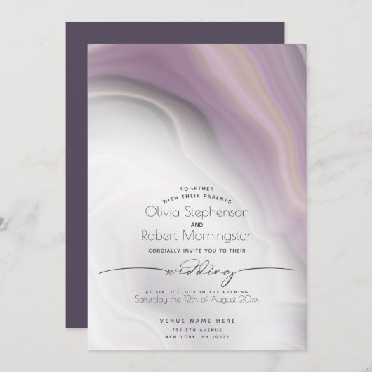 Invitation MARIAGE | Plum de marbre doux pourpre (Devant / Derrière)