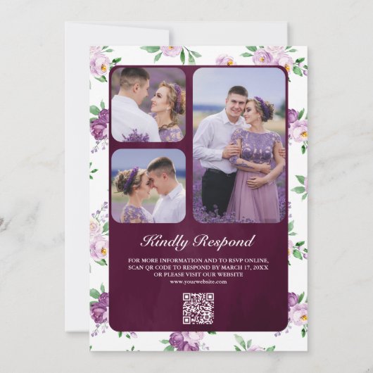 Invitation Mariage Plum Moody Plum Violet Floral QR Code fonc (Dos)