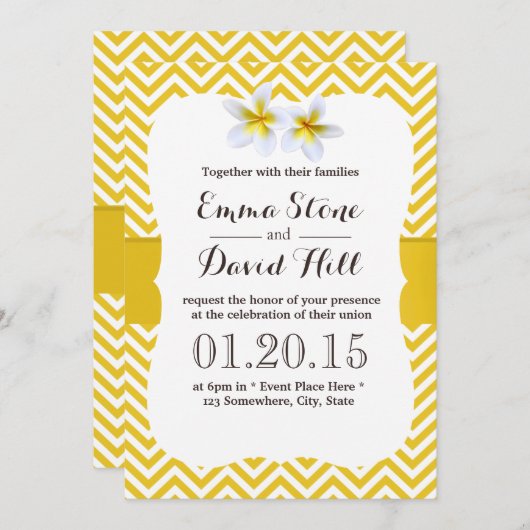 Invitation Mariage Plumeria Jaune Classique Chevron (Devant / Derrière)