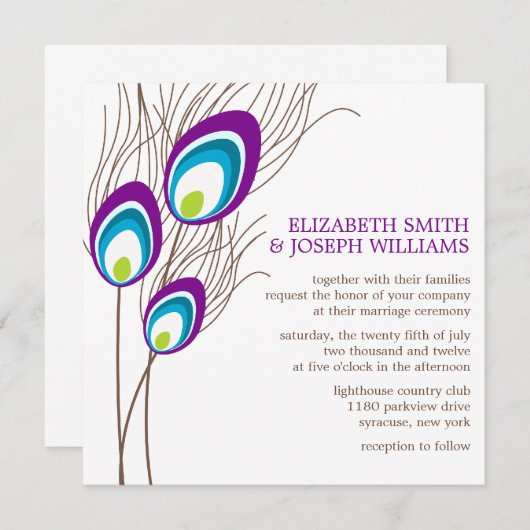 Invitation Mariage Plumes Peacock Violet (Devant / Derrière)