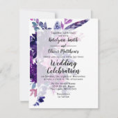 Invitation Mariage Plumes violettes violettes florales enchan (Devant)