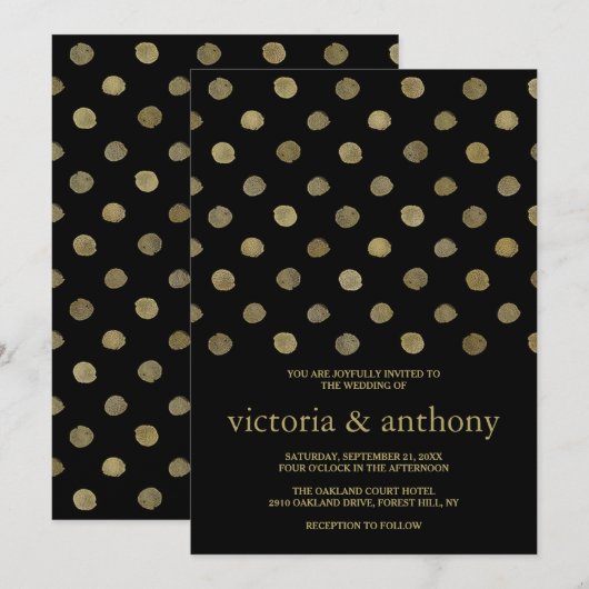 Invitation Mariage Pois moderne Black & Gold (Devant / Derrière)