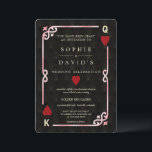 Invitation Mariage Poker Noir Rose Casino Gatsby Las Vegas<br><div class="desc">Conception de carte unique sur le thème de Casino Royale et Gatsby le Magnifique. Elle présente un style art déco vintage, un cadre brisé de style Hollywood des années 1920 avec un dégradé de rose clair en forme de Fleur-de-lis, des cœurs rouges, Q et K dans deux coins (simulant des...</div>