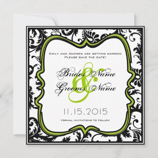 Invitation Mariage Pomme Verte Damassé à Tourbillons Enregist (Dos)